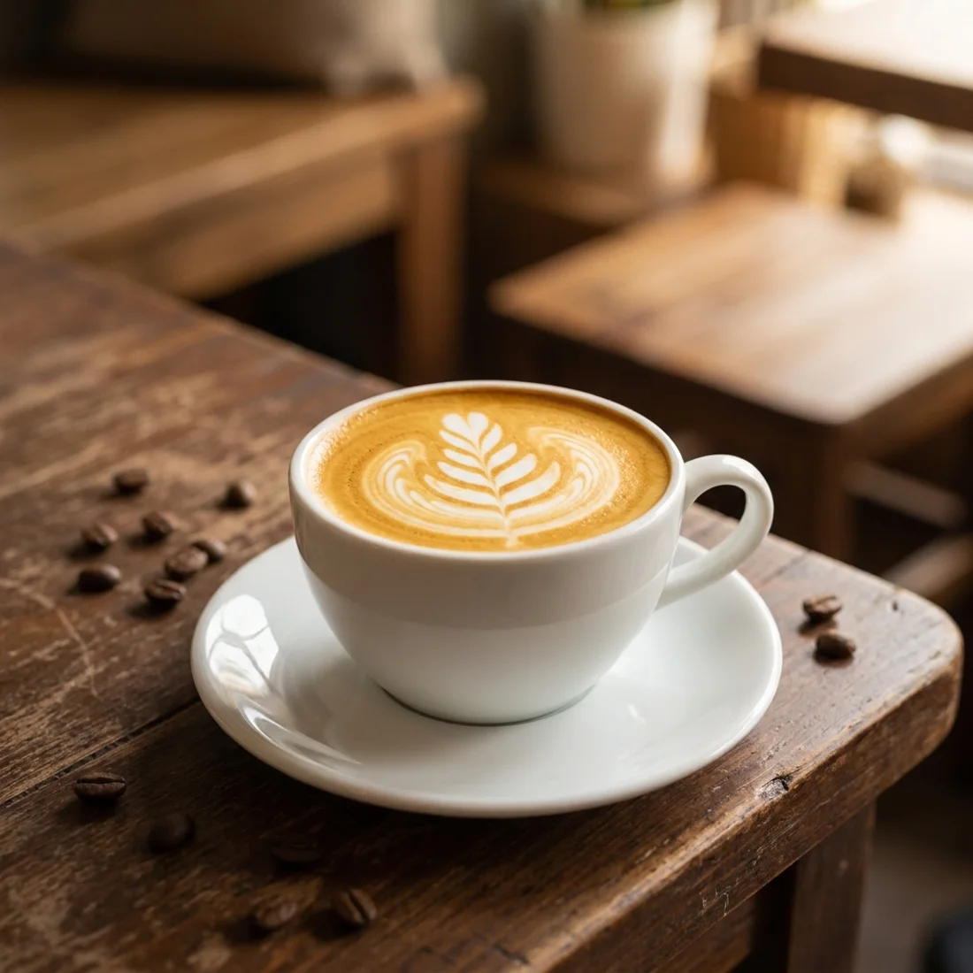 Taza blanca con latte art de rosetta sobre mesa de madera